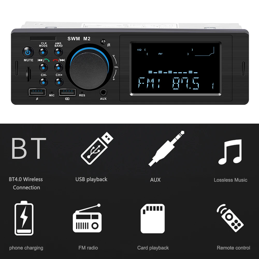 SWM M2 Bluetooth автомобильный стерео аудио 60 Вт 3,5 мм AUX FM Радио FM MP3-плеер USB TF карта ручной Бесплатный звонок с микрофоном беспроводной пульт дистанционного управления