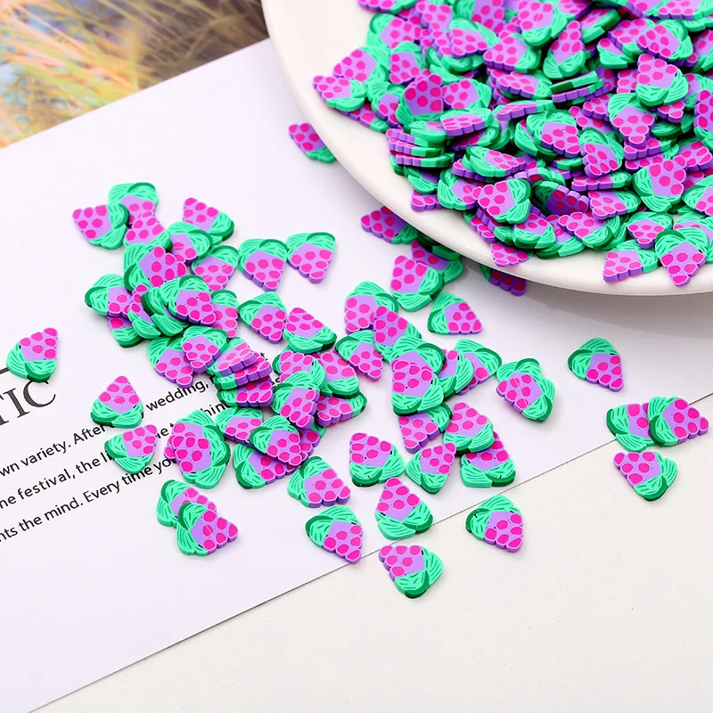 50 г/лот, мягкая полимерная глина, фруктовый ломтик Fimo, разбрызгивает слизи, материал для наполнения, поддельный торт, десерт, пищевые частицы, украшение 10 мм