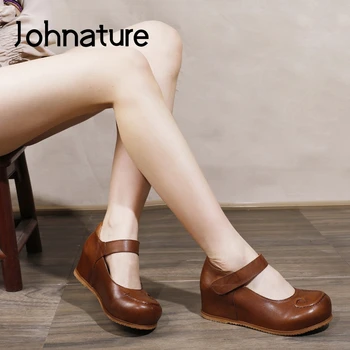 

Johnature Pumps Women Shoes Increased Internal 2020 New Spring Hook & Loop Genuine Leather Round Toe Retro Sewing Ladies Shoes