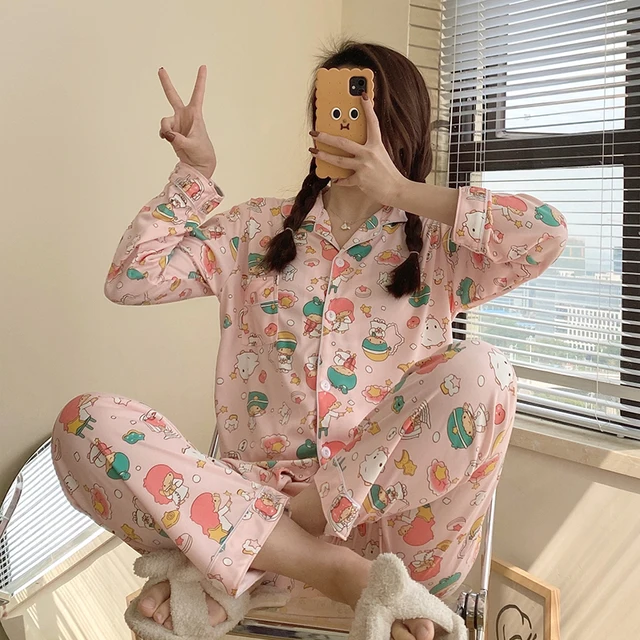 CAIYIER Winter Women Pajamas Suit Long Sleeve Trousers Lounge Lovely  Girls Cartoon Rabbit Loose Cardigan Sleepwear Homewear 2XL 1008-6
