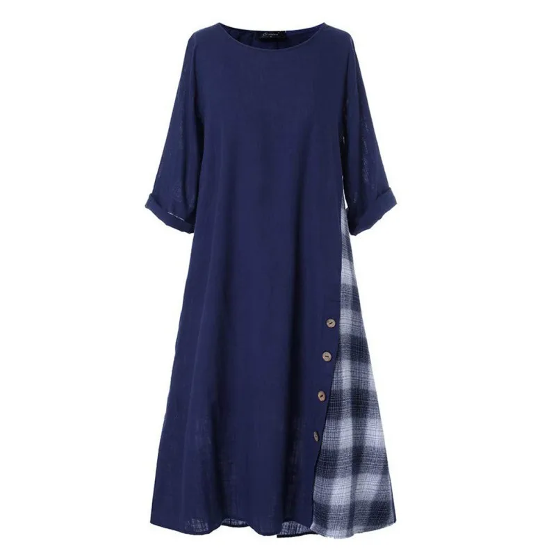 Autumn Dress Patchwork Casual Three Quarter Sleeve O-neck Button High Low Hem Plus Size Long Dresses - Цвет: DL2