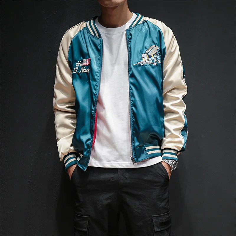 90% OFF Two Sides Luxury Embroidery Bomber Jacket Smooth Men Sukajan Yokosuka Souvenir Jacket Streetwear Hip Hop Baseball Jacket BY270