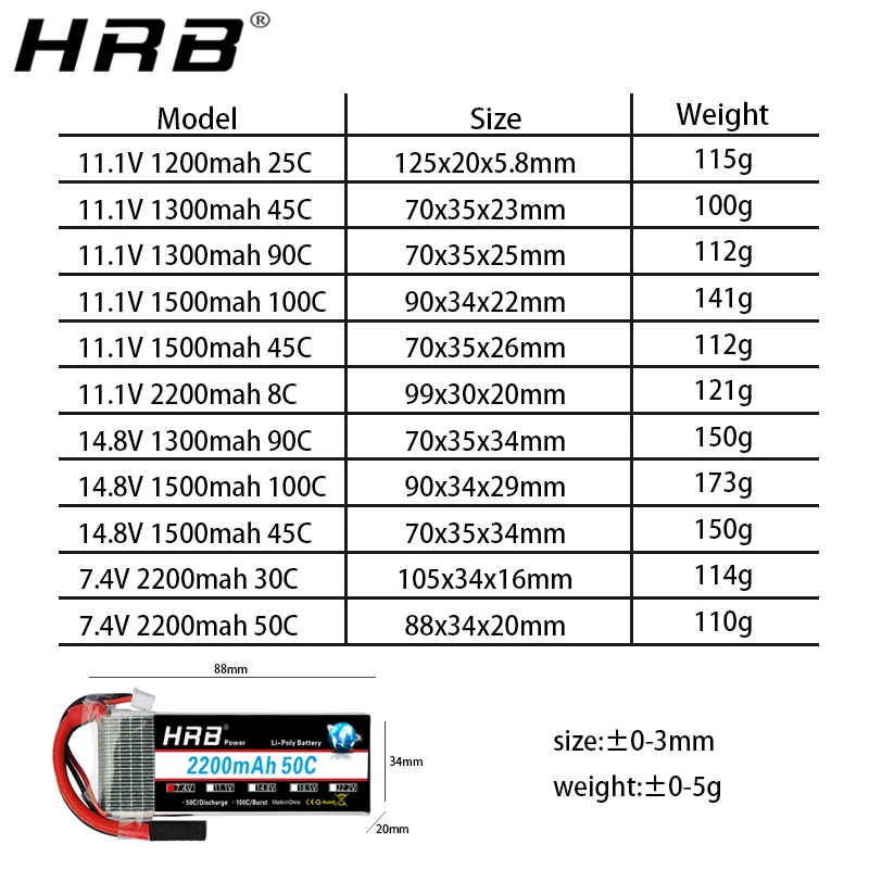 2 шт аккумулятор hrb lipo 3S 11,1 V 1300mah 4S 14,8 V 1500mah 7,4 V 2200mah XT60 JST 45C 1200mah Tamiya RC самолет FPV Дрон запчасти для автомобилей