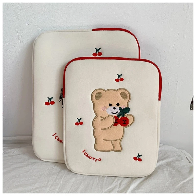 bear handbag holder for 10 5 11 inch mac ipad liner ins cartoon laptop ipad case day clutch embroidery soft book organizer bag Cartoon Cherry Bear Embroidered Laptop Storage Bag 11/13 Inch Ipad Liner Bag Tablet Bag Ipad Sleeve Case for Macbook Air Pro