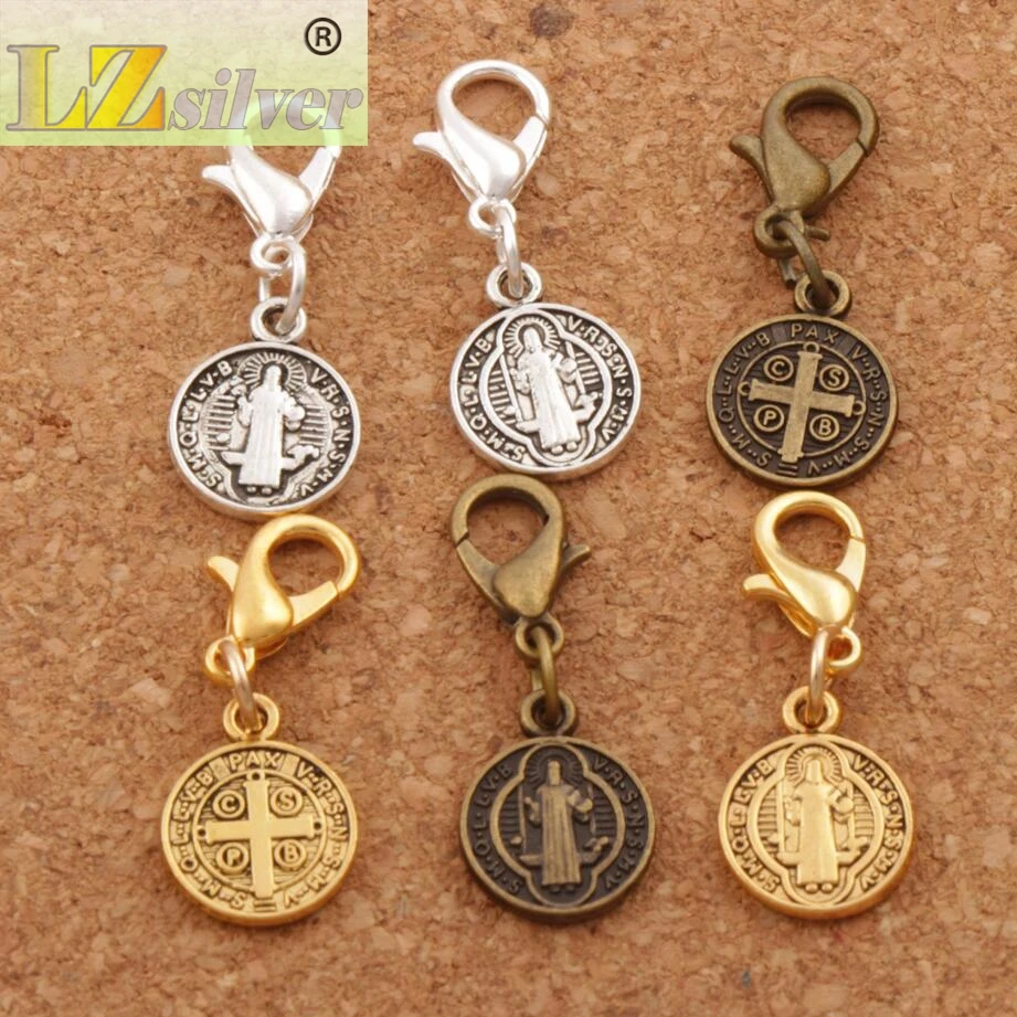150pcs Saint St Benedict Nursia Patron Medal Cross Clasp European Lobster Trigger Clip On Charm Beads 2colors C1650