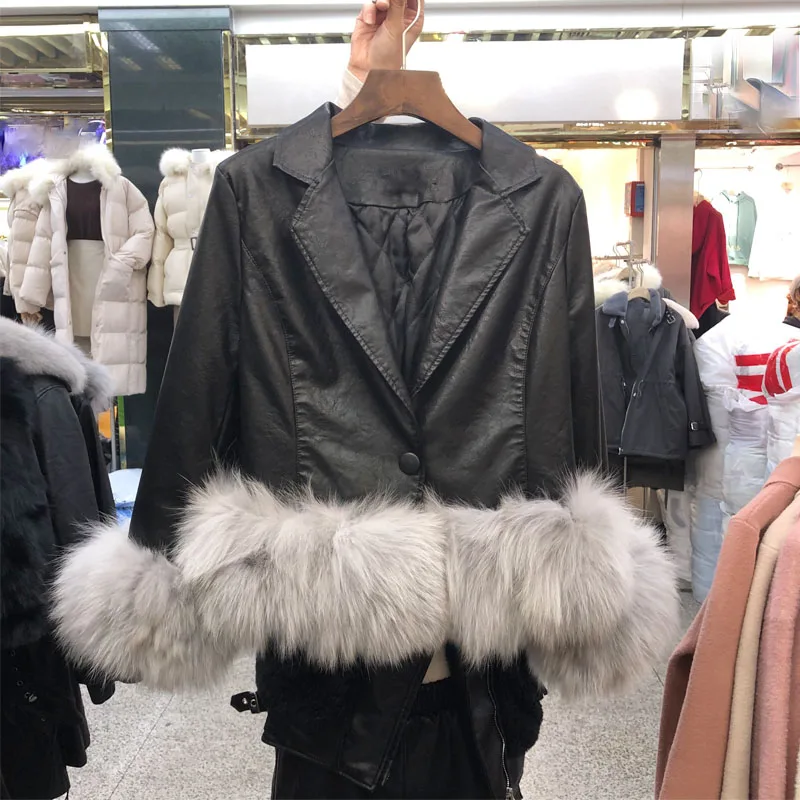 Новинка, зимний маленький костюм, кожаная куртка, женский темперамент, настоящий Лисий мех, воротник, короткая куртка, плюс хлопок, из искусственной кожи, хлопковое пальто