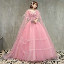 Розовые платья Quinceanera с накидкой для девочек с юбкой из тюля с цветами ручной работы Аппликация из бисера милое бальное платье 16 платья Vestidos De 15 Anos