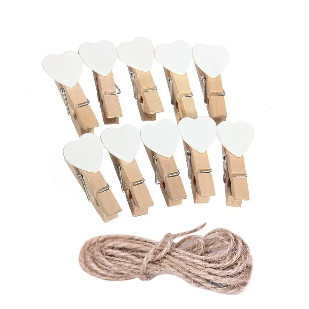 White Clip and rope 10 шт. цветные мини любовь сердце деревянные офисные принадлежности ремесло памятки зажимы DIY Одежда бумага фото Peg украшения с 2 м пеньковая веревка - Цвет: White Clip and rope