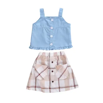 

2020 Summer Baby Girls Sweet 2Pcs Solid Color Suspender Top + Plaid Pattern Bust Skirt Set Toddler Children Clothing 1-6T