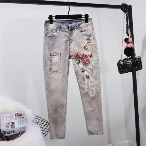 Jeans Весенне-осенний Джинсовый комплект, Женский комплект из двух предметов, джинсовый жилет с вышивкой и блестками+ узкие джинсы, Плюс Размер, шорты, костюм - Цвет: Jeans