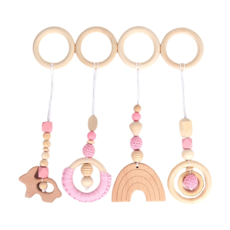 

4 Pcs/Set Baby Play Gym Frame Stroller Hanging Pendant Wooden Ring Teether Molar R2JF