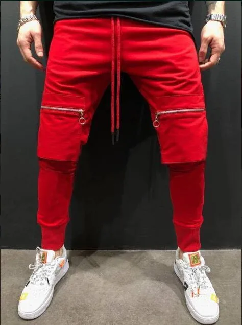 Men Slim Fit Zipper Pocket Long Pant Autumn New Casual Sport Trousers Men's Small Feet Joggers Pants Male Stacked Sweatpants Red