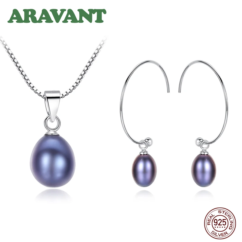 

Real Black Freshwater Pearl Jewelry Set For Women 925 Silver Hoop Earring Necklace Set