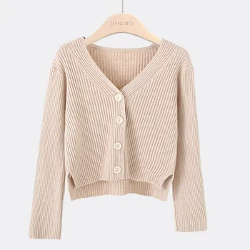 

2020 Spring Autumn New Solid Color Women Knit Cardigan Korean Style V-neck Long Sleeve Crop Sweater New