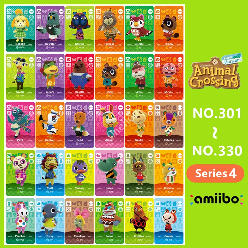 Tarjeta de animales croxxxing n. ° 301 ~ 330, NFC, juego nuevo, serie Amxxbo, 4 para NS Switch 3DS, Ntag215, Villager