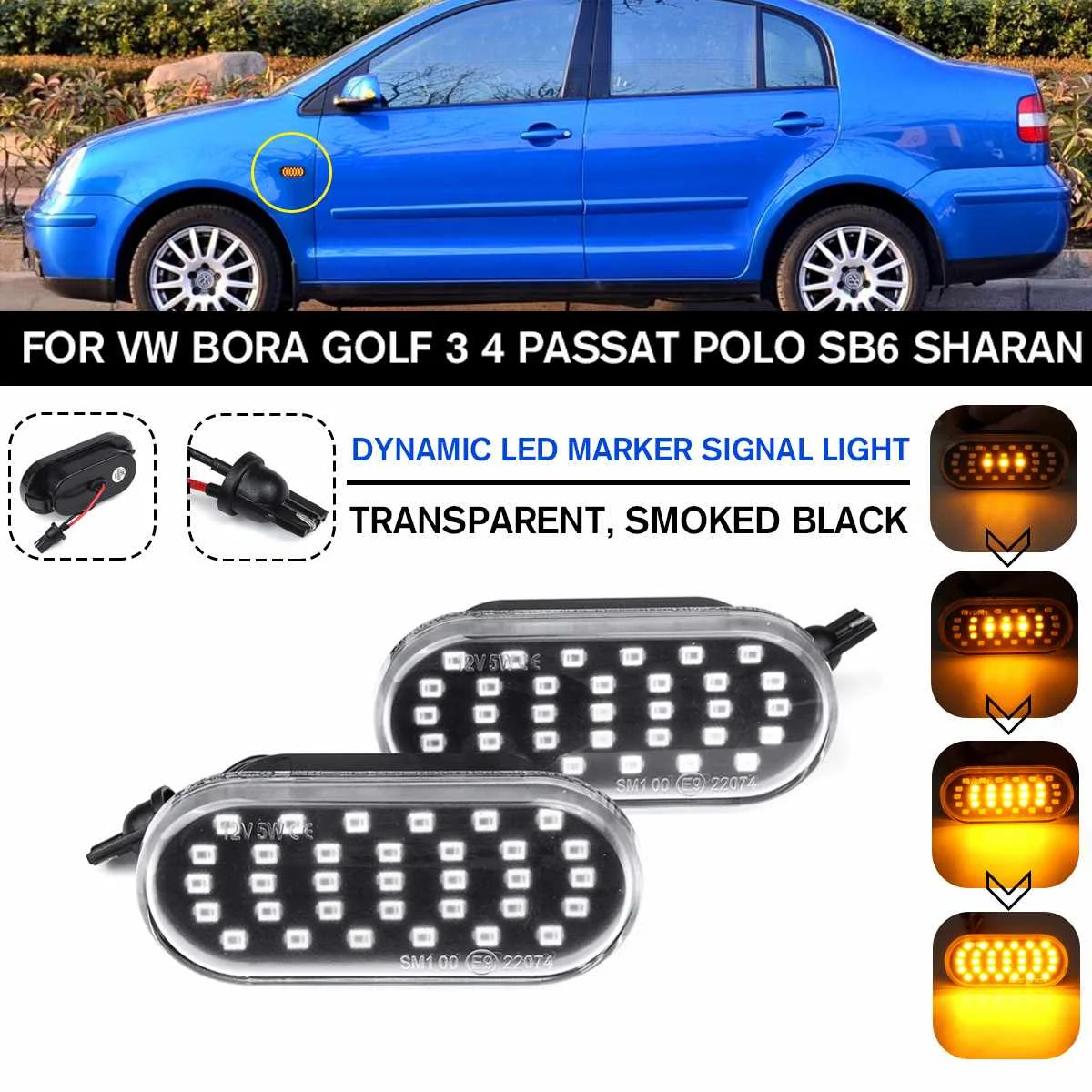 

2pcs/set Dynamic LED Side Marker Signal Light Amber Smoke Blinker Turn Light for VW Bora Golf 3 4 Passat Polo SB6 Sharan