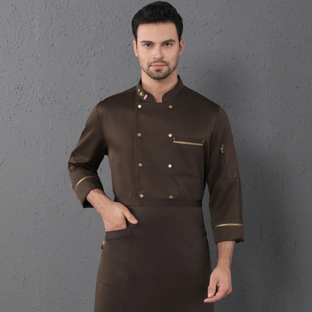 Отель кухонный пиджак с длинными рукавами Ресторан шеф-повара форменные футболки Кофейня Спецодежда M-4XL официантка пальто 5 цветов - Цвет: Коричневый