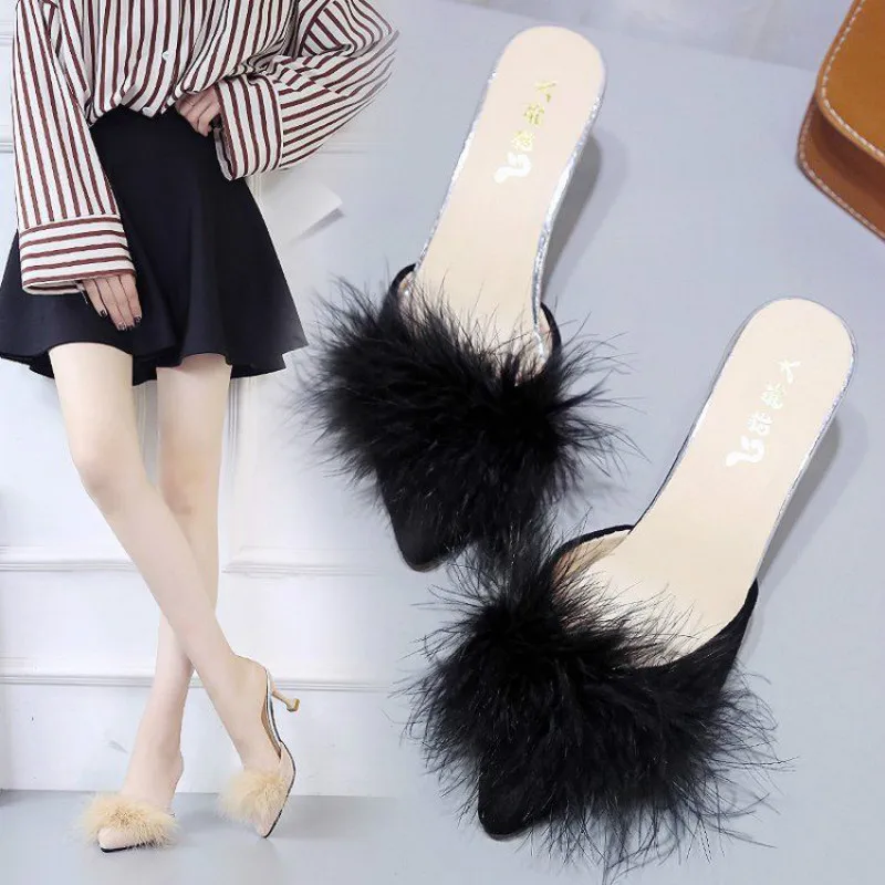 

New Arrival Fur Sandals Women Sliders Casual High Heels Open Toe Fox Hair Flat Fluffy Home Summer Furry Flip Flops Shoes Size 40