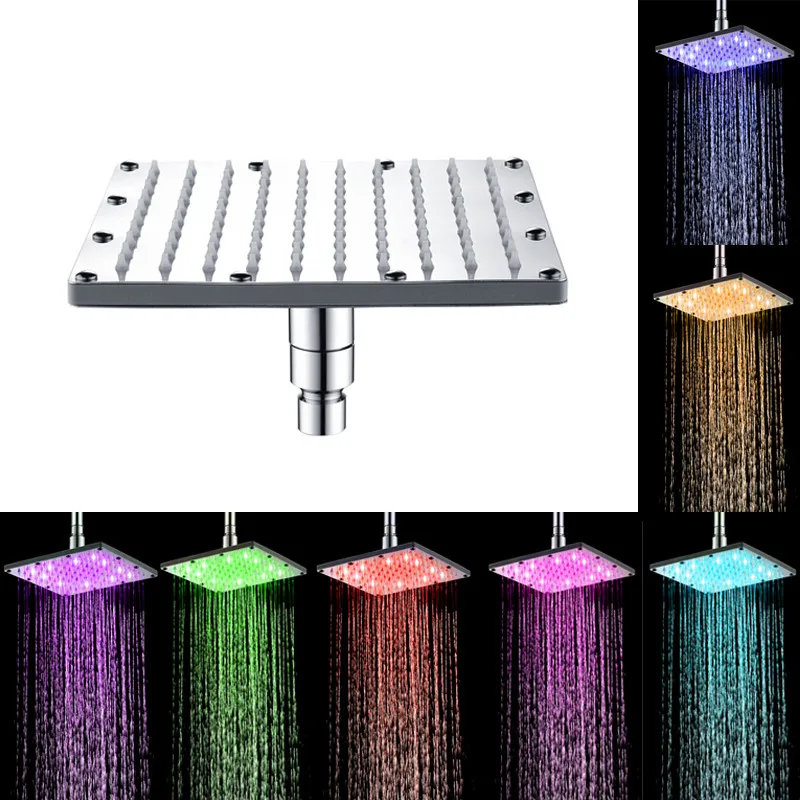 

Color Changing LED Shower Head Temperature Sensor led light square Stainless steel rainfall spout Shower head With Filter