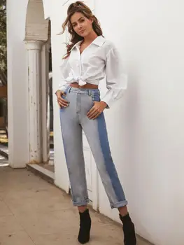 

Women Color Mixing Slim High Waist Jeans Denim Pencil Pants European American Retro ins style All-match Casual Denim Trousers