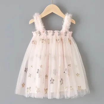 

New baby girl summer dress girl mesh dress suspenders solid color embroidery sequined mesh lace girl princess pettiskirt
