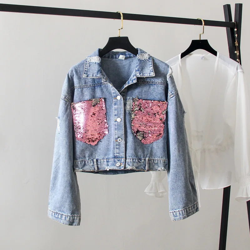 

2019 Autumn Clothing Large Size Dress Fat Mm Jeans Coat Loose-Fit Slimming Fashion Sequin Jacket Tops