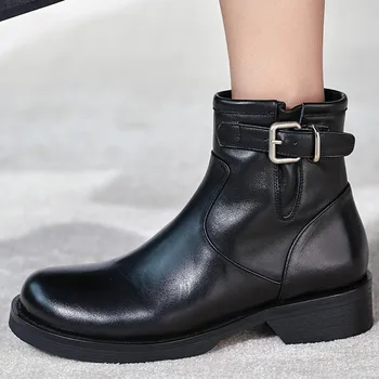 

Women's genuine leather thick sole platform flats ankle boots ankle buckle punk winter warm plush casual short booties shoes hot