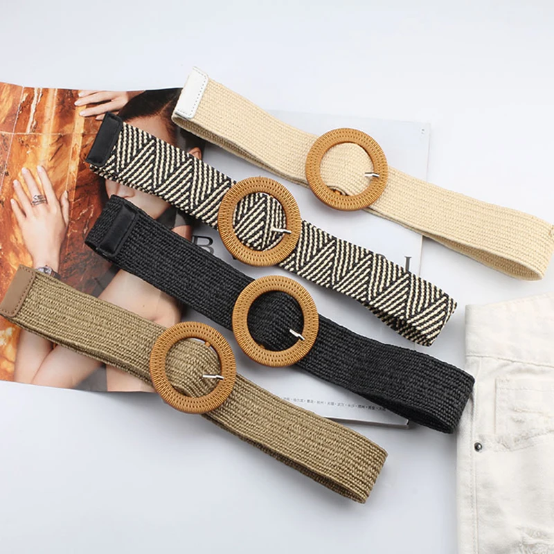 

Bohemian Braided Waist Belt Round Square Buckle Imitation Straw Woven Wide Belt Trendy Casual Solid Color Female Belt Hot Sale