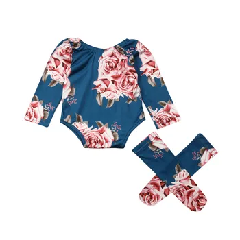 

2020 New Newborn Infant Baby Girl Autumn Long Sleeve Romper Large Floral Jumpsuit Warm Leg Socks Outfit 0-24M