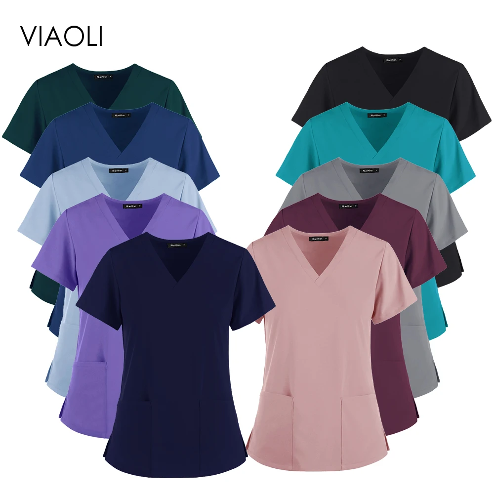 

New multicolor optional unisex scrub short-sleeved pocket nursing worker T-shirt tops solid color wholesale laboratory clothing
