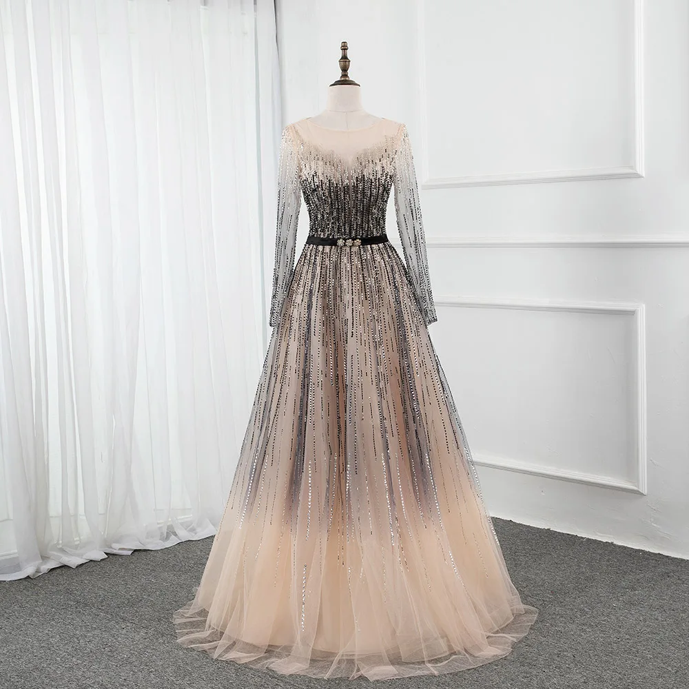 YQLNNE Gradient Tulle Long Sleeve Evening Dresses 2020 Aline Beading Dubai Gown Formal Party Dress Elegant | Свадьбы и торжества