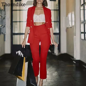 

Thorndike Office Lady Women Suit Set Custom Made Solid Red Suit Women Notched Lapel Double Breasted 2 Pieces Ladies Pant Suits