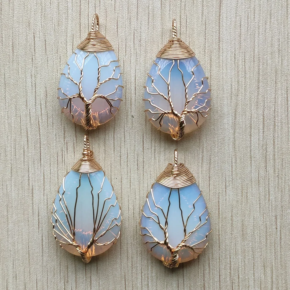 

Wholesale 4pcs/lot good quality Gold Color Wire Wrap handmade tree of life drop shape opalite stone pendants free shipping