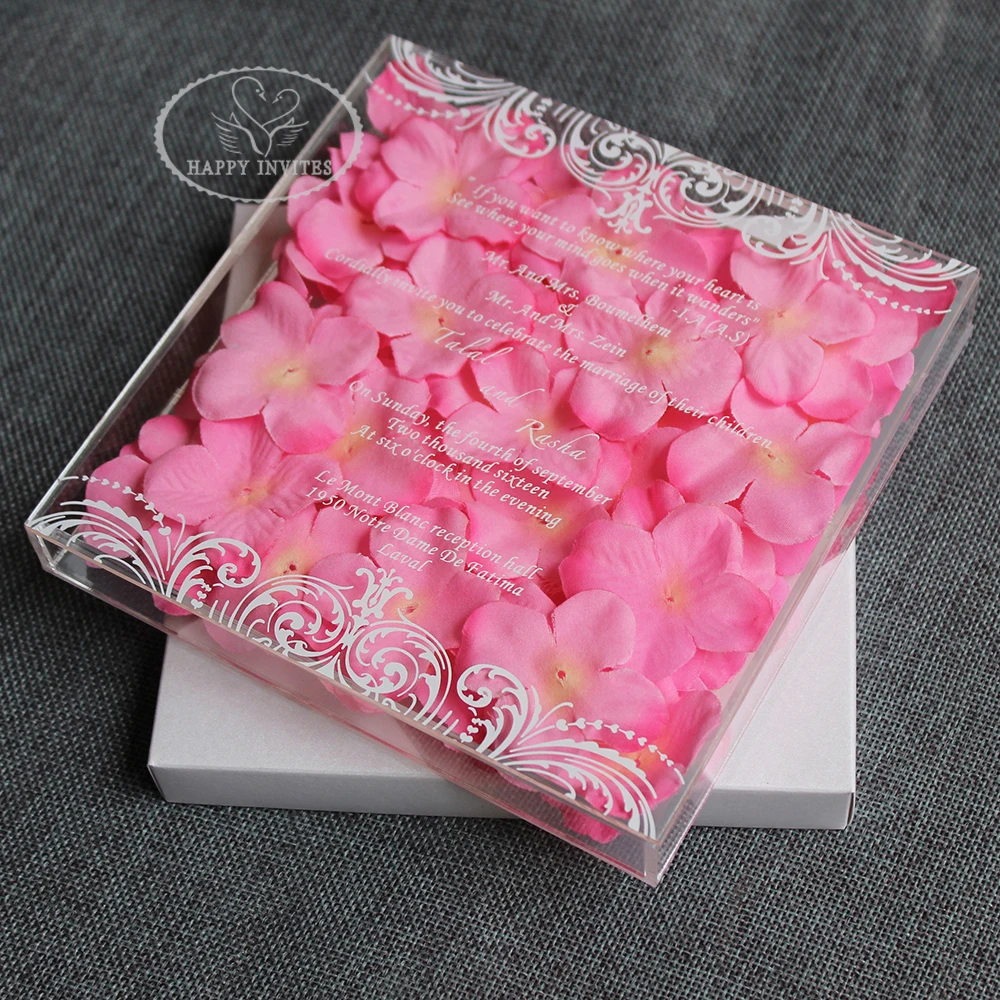 HI4081-04 Fantastic Clear Acrylic Box Invitation with Pink Flowers Decorations with White Writing Factory Price Made in China