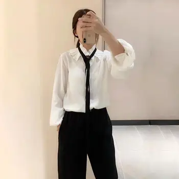 

Runway Fashion Blouse 2020 Autumn Winter Elegant Bow Collar Long Sleeves Silk Women Popular White Shirt