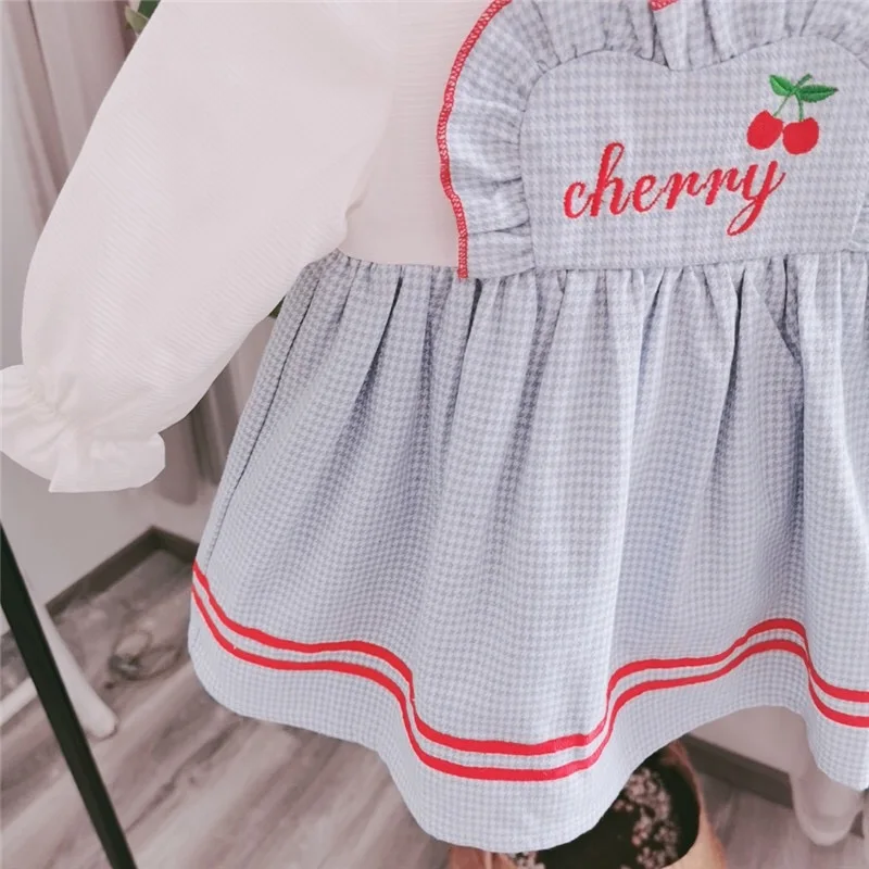toddler autumn spring clothes 0-4T little baby dresses Sweet cherry letter strap Splicing dress Princess dress
