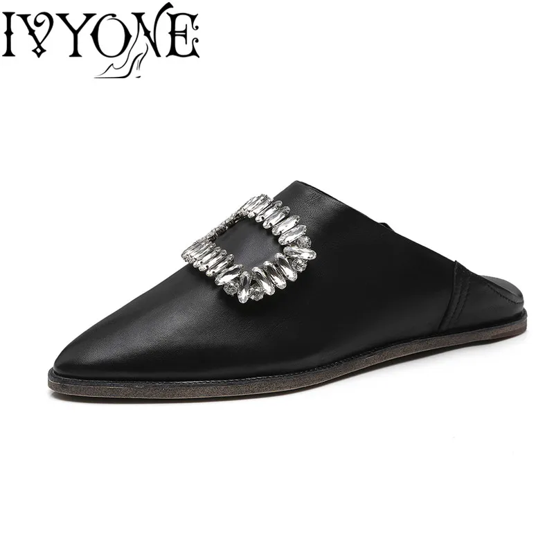 

Bling Crystal Women Slippers Autumn Spring Fashion Soft Cow Leather Pointed Toe Flats Female Slides Casual Shoes Women Shoes