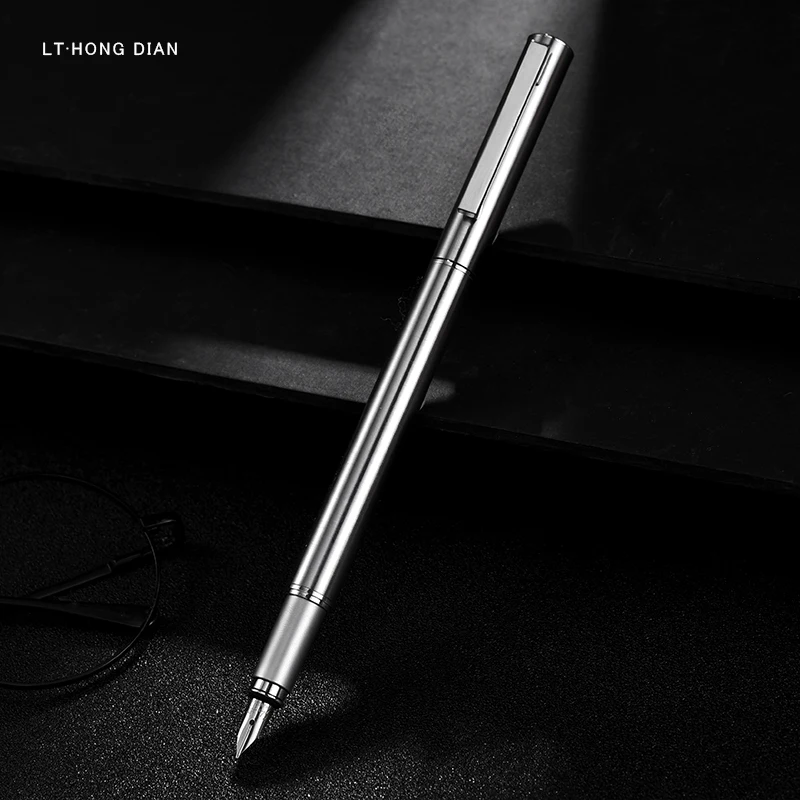 

LT Hongdian Metal All-steel Fountain Pen Fine Nib 0.5mm Bright Silver Simple Business Office Student Writing Gift Ink Pen