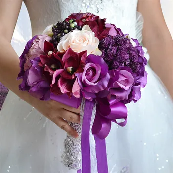 

1PC Purple Wedding Groom Bride Silk Peony Rose Holding Flower Artificial Flowers Bouquet Party Decoration Simulation Fake Flower