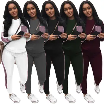 

2 piece set women tracksuit long sleeve two piece set o-neck two pieces sets shiny women's suits