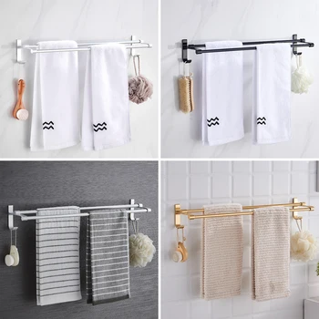 

Towel Holder Bathroom Storage Rack Wall Mounted Double Pole Drying Hanger with Hooks Punch-free Space Aluminum Bathroom Shelves