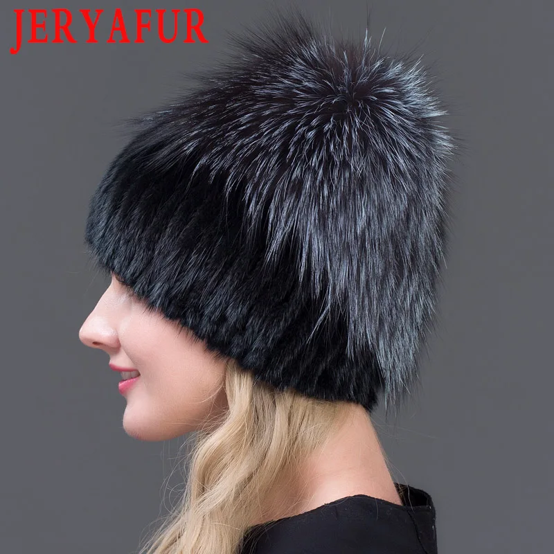 JERYAFUR Женская зимняя норковая меховая вязаная шапка из натуральной норки, меховые шапки из серебра лисы, женские русские теплые шапки, лучшая женская меховая шапка
