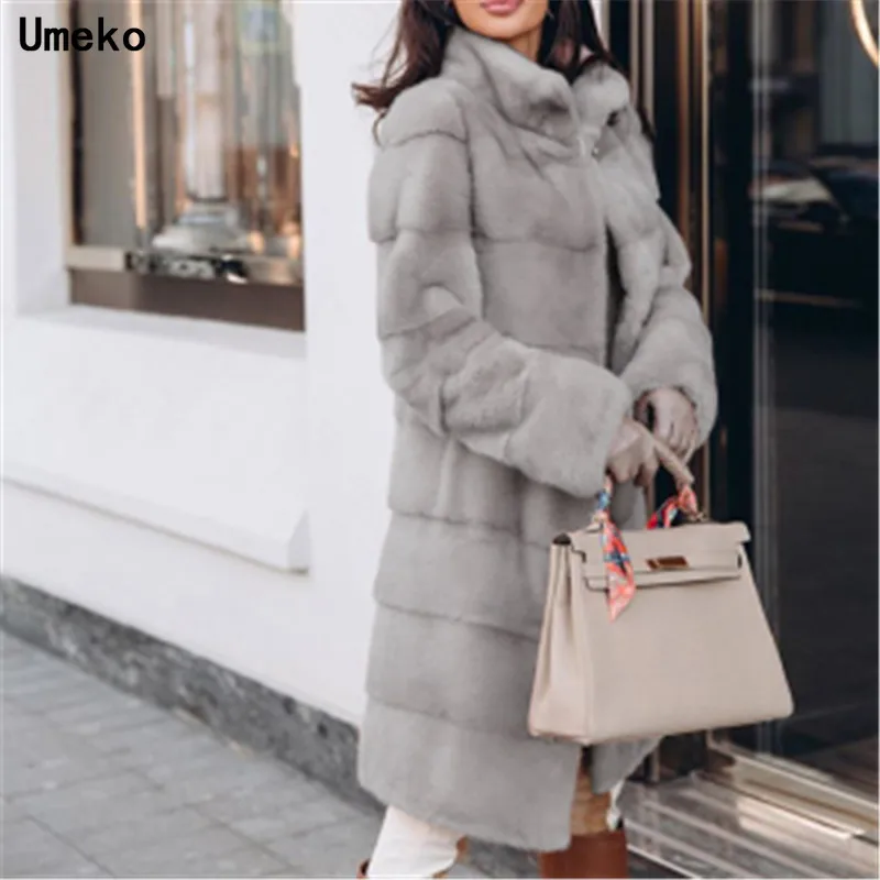 Umeko элегантная однотонная шуба из искусственного лисьего меха для женщин Зимняя мода Средний искусственный Лисий мех пальто женские теплые искусственный Лисий мех пальто для женщин