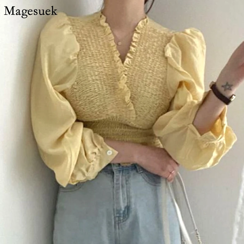 

Autumn New Long Sleeve Women Shirt Pleated Lace Up V Neck Women Blouses Casual Vintage Solid Cotton Tops Blusas Mujer Chic 16041