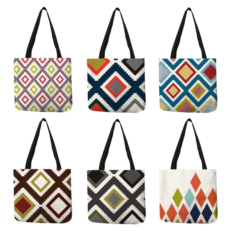 Adolescent étudiant lin tissu mode Plaid carré géométrique impression sac à main Eco Shopping grande capacité fourre-tout sacs sac à main pochette