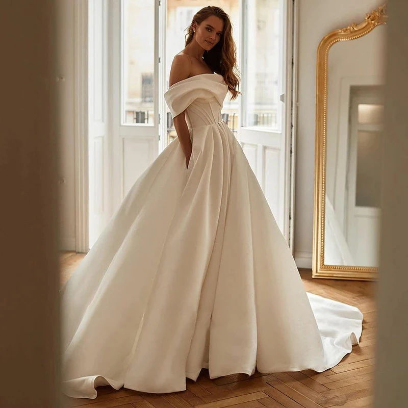 

Elegant Wedding Dress Off Shoulder Boat Neck Backless Lace Up Satin Sweep Train Wedding Gowns Bride Dress Vestidos De Novia