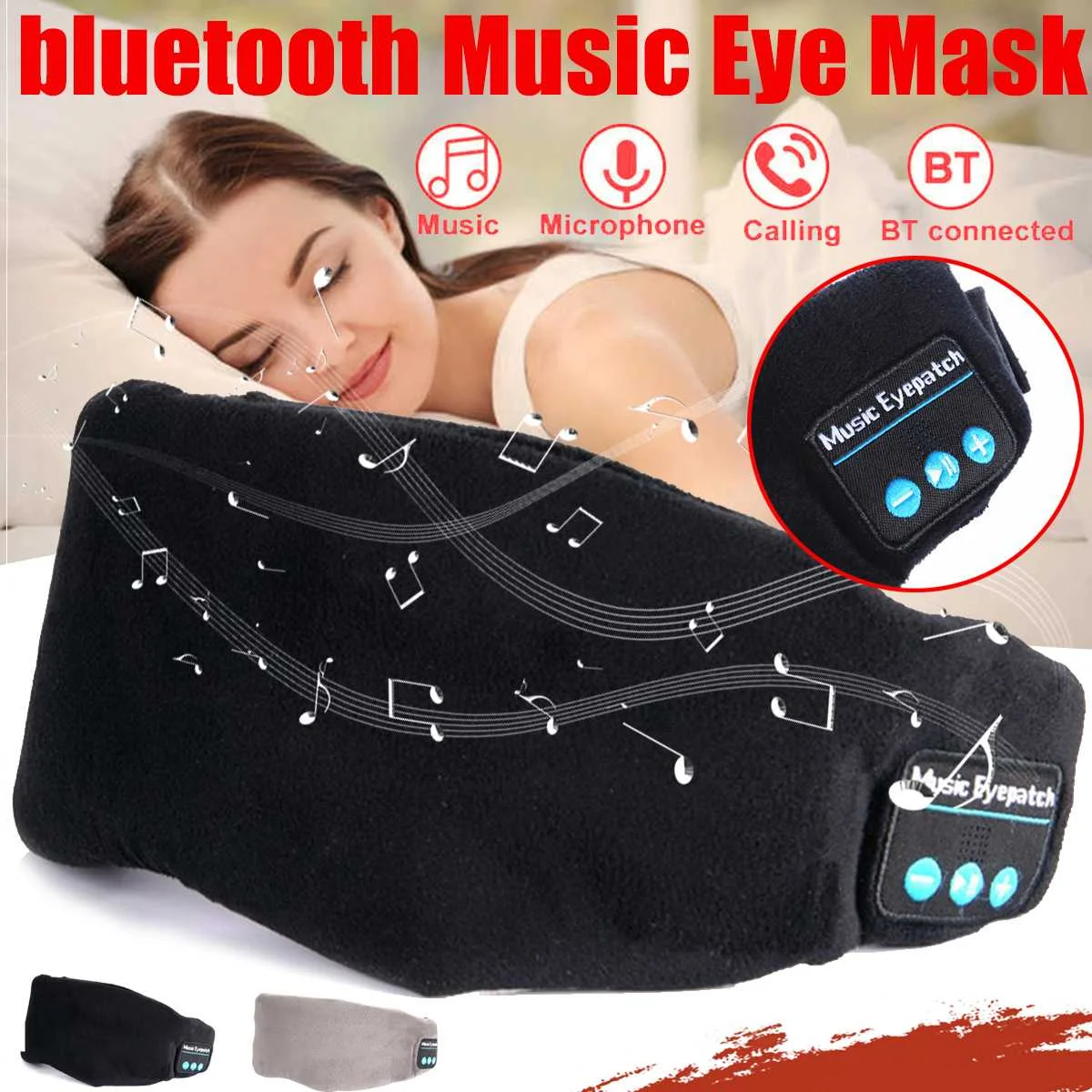 Upgraded HIFI wireless headset bluetooth v5 0 call music sleep artifact breathable sleep eye mask headphone Grey Black