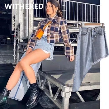 

Withered faldas mujer moda 2020 ins fashion blogger high street retro Asymmetry denim skirt women sexy burrs mini skirts womens