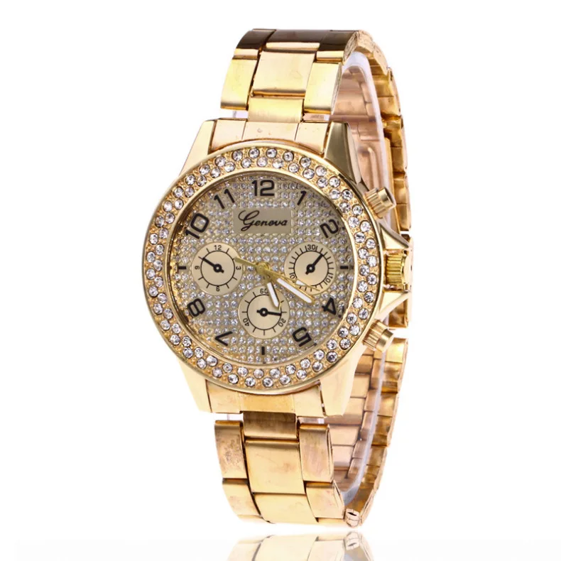 

Hot Selling Geneva Steel Belt Diamond Set WOMEN'S Watch Fashion Three Eye with Numbers Crystal Quartz Watch