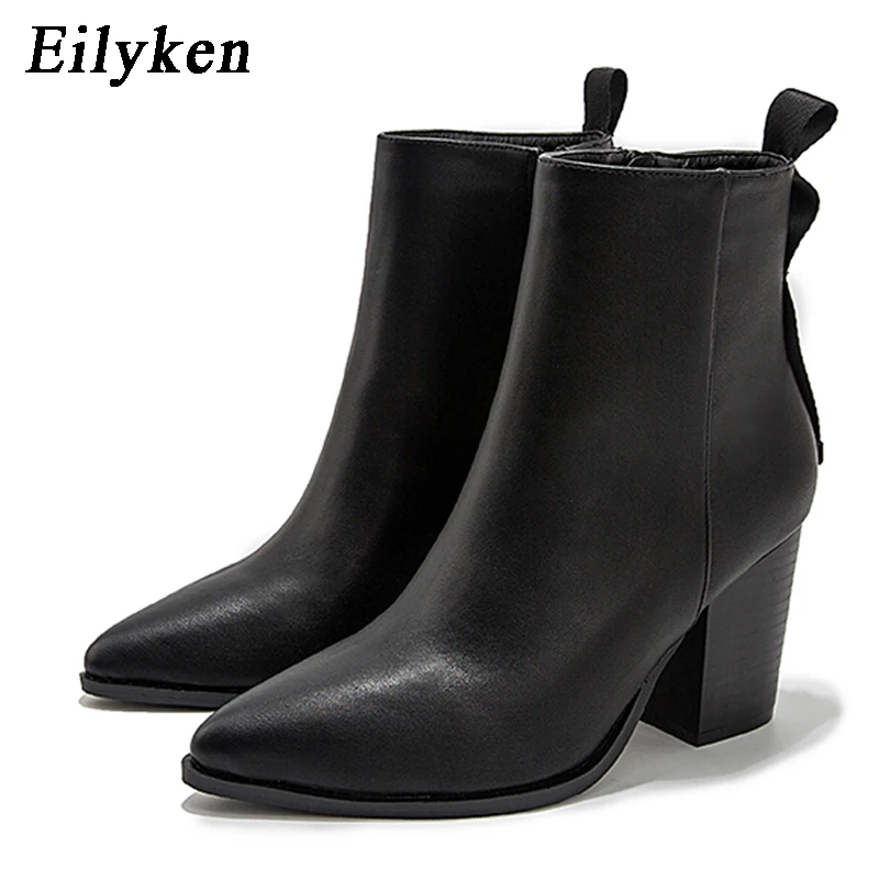 EilyKen/осенне-зимние ботильоны из мягкой кожи; женские ботинки с острым носком на толстом каблуке; модные ботинки на молнии; женская обувь; размер 43 - Цвет: Black